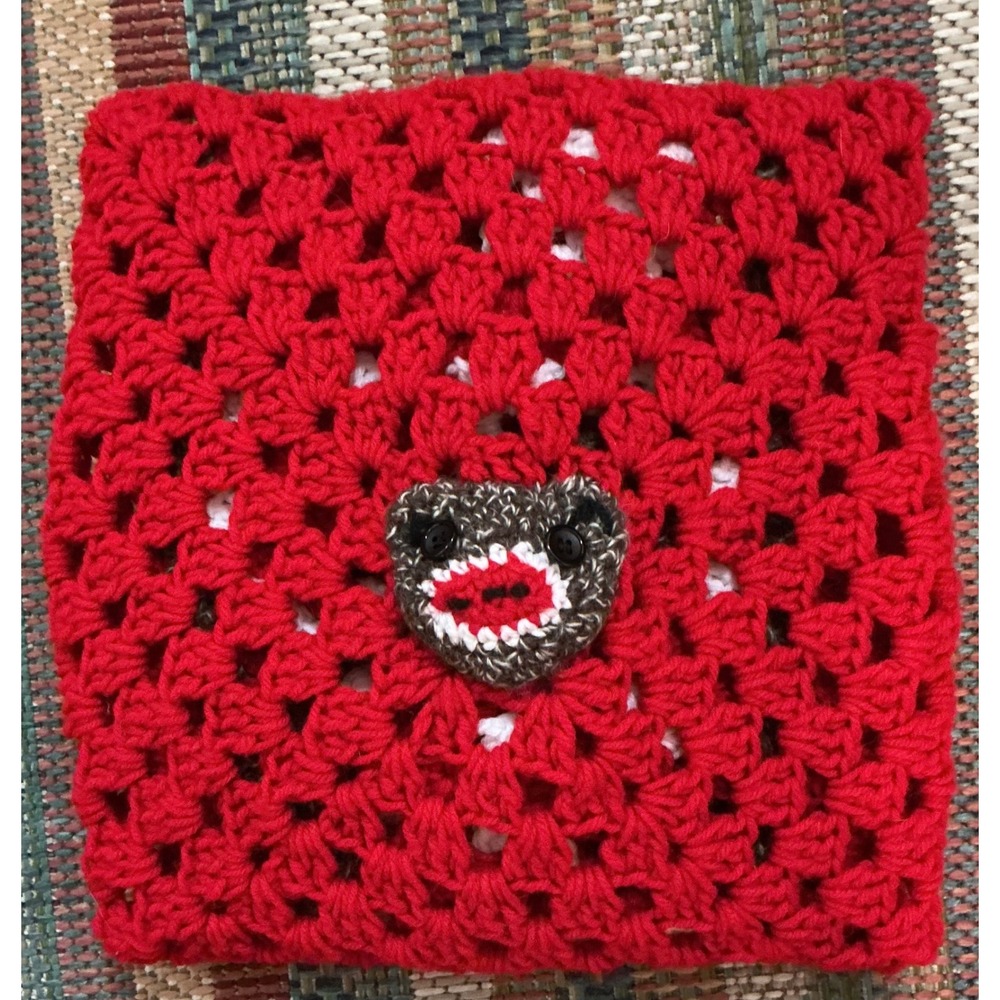 VTG Handmade Red White Brown Crochet Granny Square Sock‎ Monkey Face Kids Afghan - Picture 4 of 5